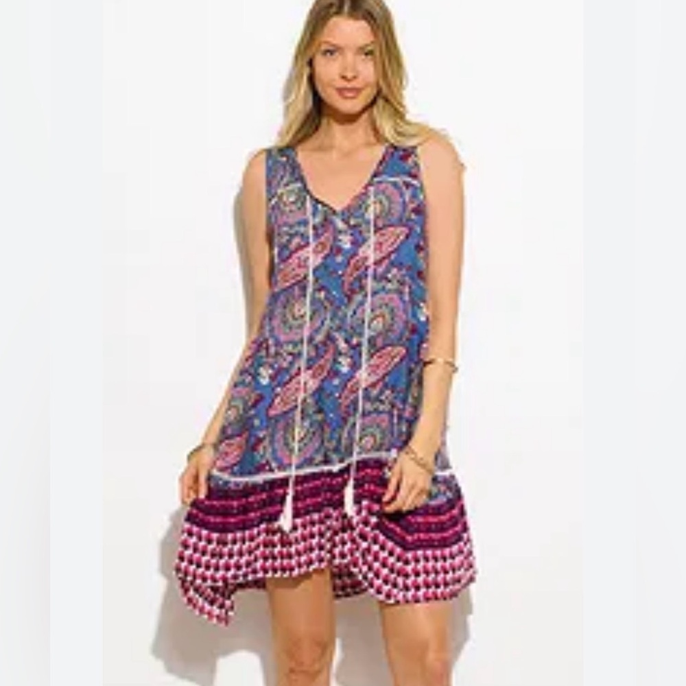 Sleeveless Blue Paisley Boho Dress Tiered Size Large Tassels Hippie Girl